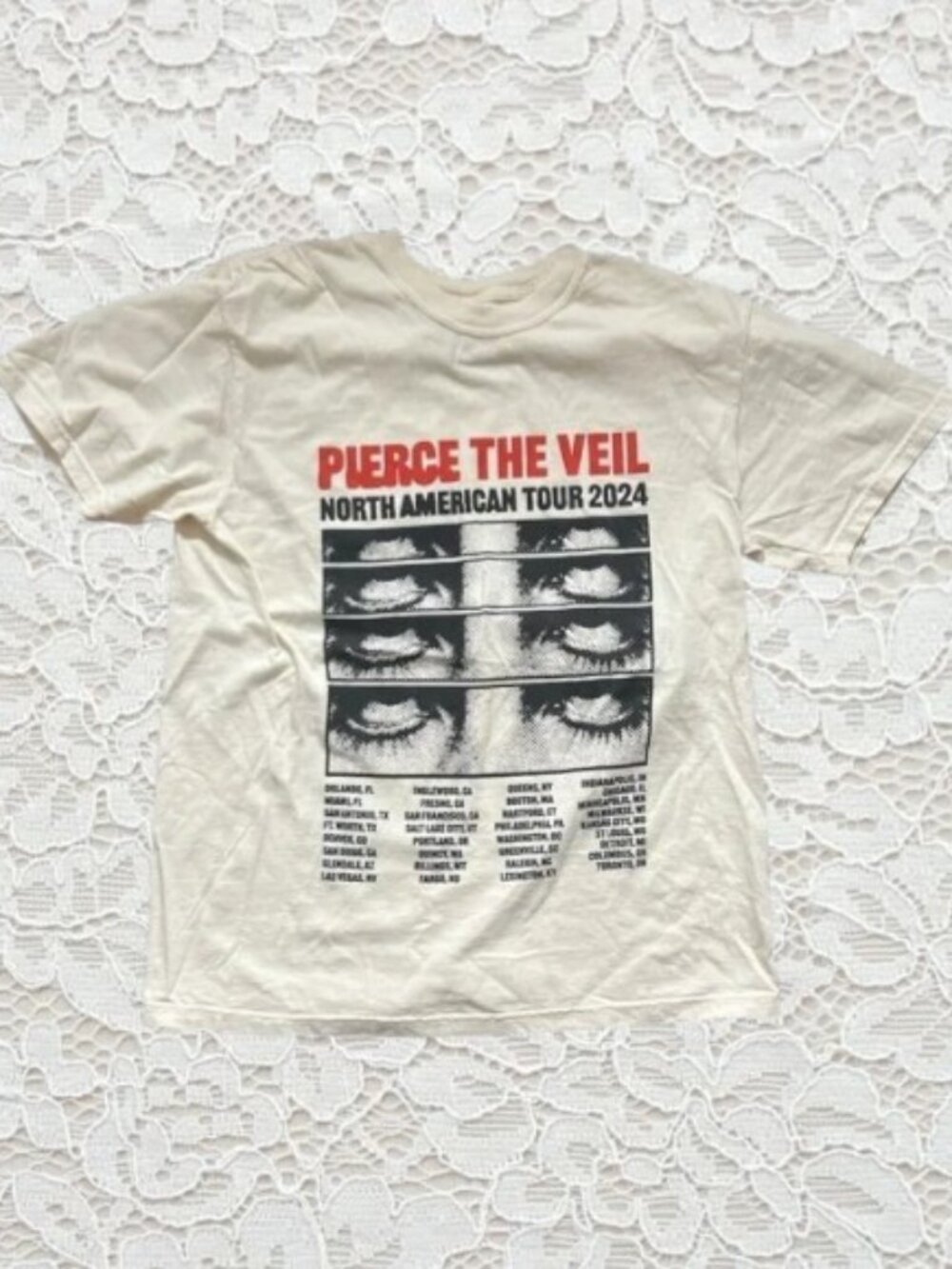 Pierce The Veil North American Tour 2024 Tee - Cream with Red & Black Print